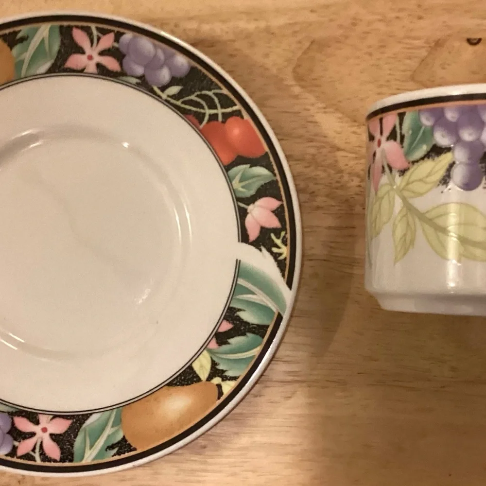Vintage Lynn’s Stoneware Vibrant Fruit and Floral Cup & Saucer Set